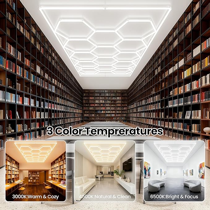 Hexagon LED Lights, Dimmable Hexagon Garage Lights, 3 Color Temperature 6500K/4500K/3000K, Hex Light with WiFi Smart Switch, Aluminum LED Lighting for Garage Gym Barber Auto Detailing Shop Car Dealer