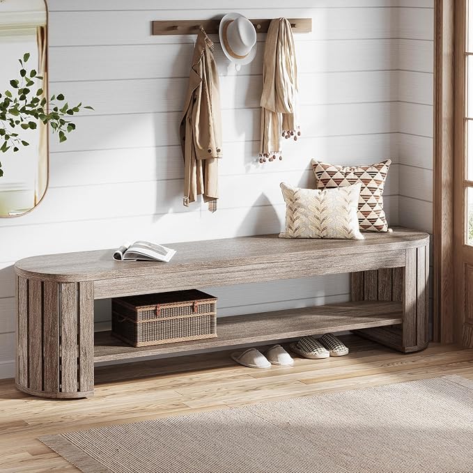 Tribesigns 63" Wooden Entryway Bench with Shoe Storage, Long 2-Tier Narrow Shoe Bench with Arc Vertical Slat Splicing Legs, End of Bed Stool for Bedroom, Entrance, Living Room (Beige Gray)