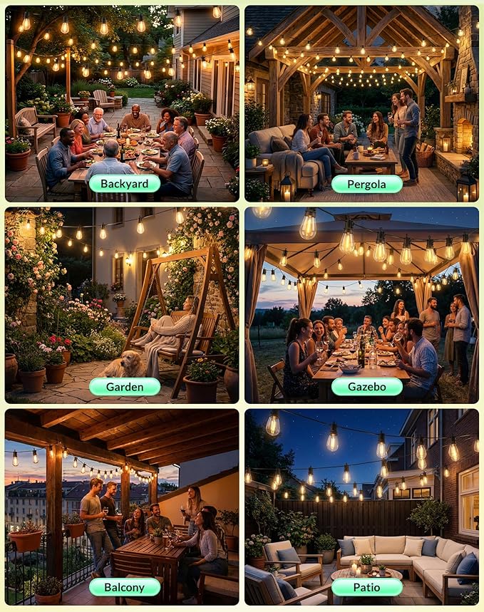 Outdoor String Lights LED Patio-Light - 50Ft Outside Waterproof Dimmable Porch Lights with Remote Shatterproof S14 Bulbs Outside Hanging Light Connectable Lighting for Gazebo Backyard Bistro Pergola