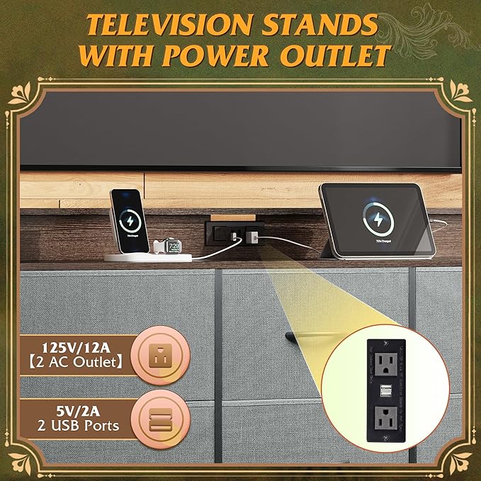 WLIVE Grey Dresser TV Stand for 45, 50, 55 inch TV, Entertainment Center with LED Lights & Charging Station, Chest of drawers with 9 Fabric Drawers and Open Shelves for Living Room, Hallway, Dark Grey