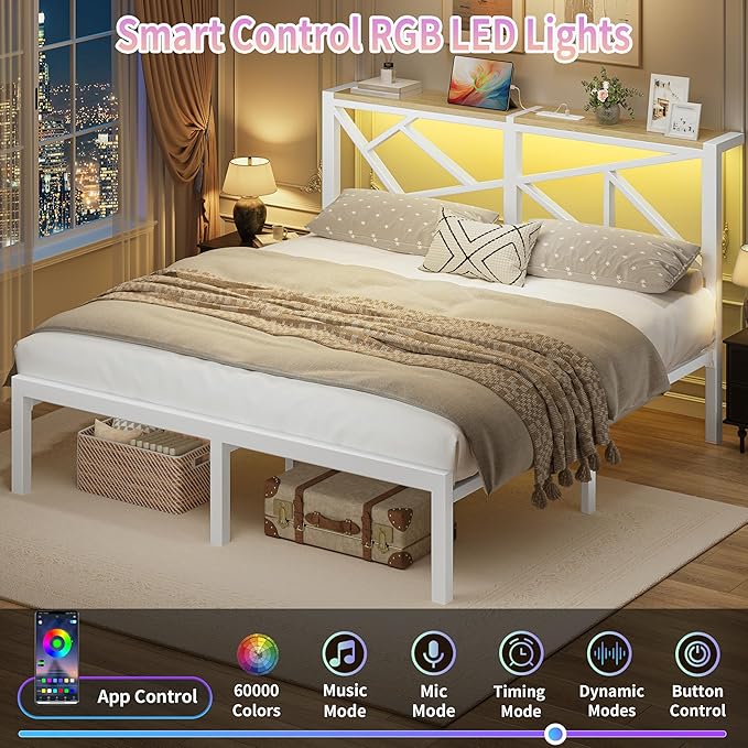 King White Metal Bed Frame with USB Charging Station, LED Ambient Lighting, and Wooden Storage Headboard - Includes Under-Bed Storage, No Box Spring Needed, Noise Free, Easy to Assemble