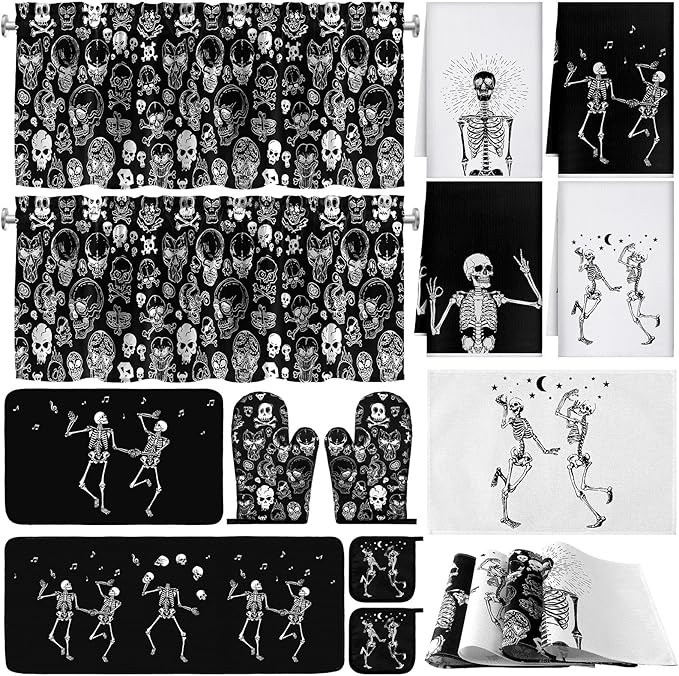 Fourluoo 16 Pcs Halloween Kitchen Decor and Accessories Set Black Skeleton Kitchen Towels and Dishcloths Non Slip Rugs Mats Oven Mitts and Pot Holders Scary Curtains Set for Home Decoration Gift