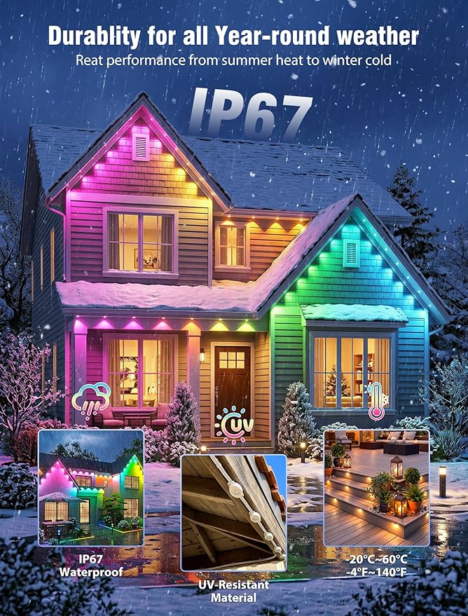 Permanent Outdoor Lights for House, 90 LED 150ft RGB+IC Eaves Lighting,Color Changing String Smart Lights Outdoor for Patio Decor,Year Around,Parties, Game Day, Easter, Christmas Decor