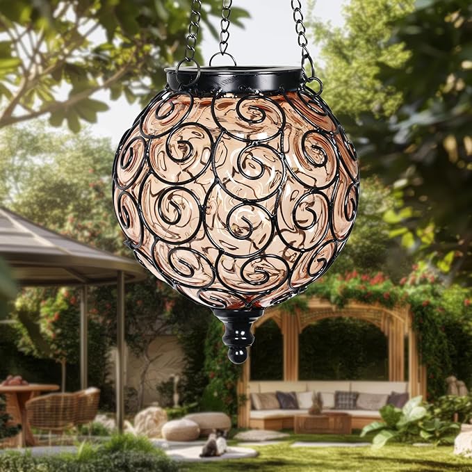 Solar Hanging Lantern Outdoor Garden Lights, Round Glass and Metal Hanging Lantern, 15 Firefly LED Lights, 7 x 20 Inch, Amber