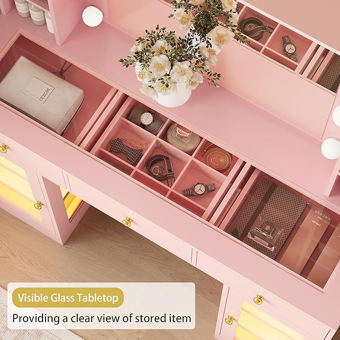 Makeup Vanity Desk with Mirror and Lights, Glass Top Vanity Table Set with Drawers & Power Outlet, Large Dressing Table with 3 Color Lighting Modes & RGB Cabinets for Women Girls Kids Bedroom, Pink