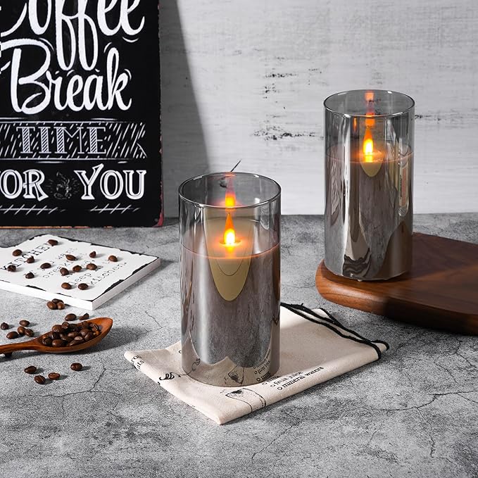 Rechargeable Flameless Candles, Flickering LED Candles, Real Wax Candles with Remote and Timers, Glass Pillar Candles 3D Wick for Wedding Festival Home Decoration, 6" Candle Set of 2,Grey