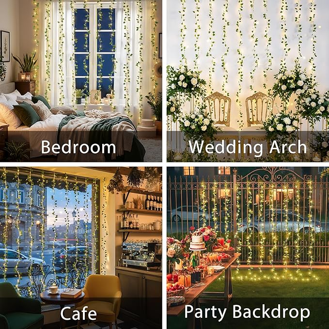 suddus 300 LED Vines with Lights Plug in, 9.8ft x 9.8ft Fairy Lights with Vines, Pothos Curtain Lights for Wall, Bedroom, Dorm, Wedding, Party, Indoor, Outdoor Decor(Warm White)