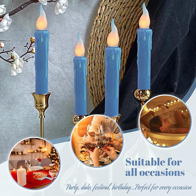 Dark Blue Flameless Short Taper Candles, Real Wax Hand Dipped LED Battery Operated with Remote, Flickering Flame Lights for Festival Party Home Décor, 6.7 Inch Primitive Flameless Candles, 4PCS