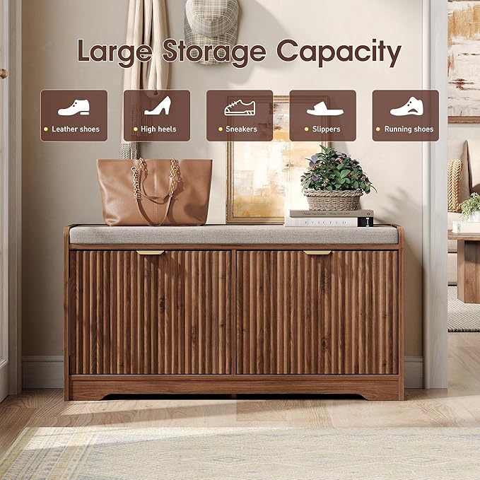 Maupvit Fluted Shoe Bench with 2 Flip-Drawers, 39.4" Narrow Entryway Bench with Shoe Storage and Seat Cushion, Adjustable Shelf, Walnut Hidden Shoe Rack Bench for Front Door Entrance, Hallway