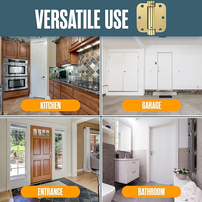 Houseables Self Closing Door Hinges, Spring Hinge Door Closer, Spring Loaded, Auto Close, 3.5 Inch, Automatic Closer, Auto Shut, Interior, Garage, Exterior, Adjustable Tension, 5/8 Radius, Brass, 2 PK