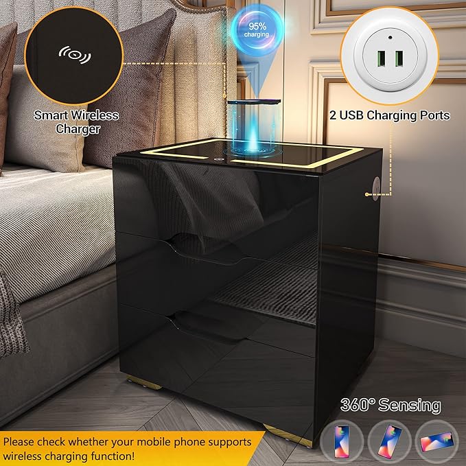 Black Smart Nightstand with Wireless Charging Station & USB Charging, High Gloss Smart Bedside Table with Adjustable LED Lights, End Table Organizer for Bedroom Living Room Office Use