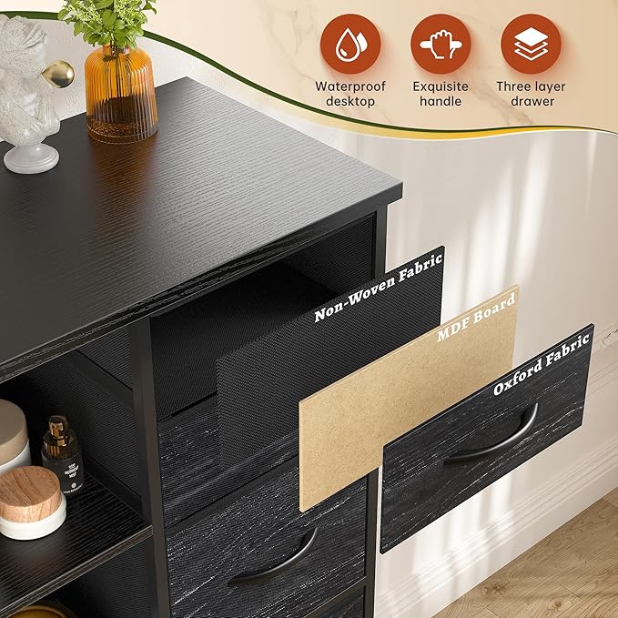 EnHomee 51" H Dresser with 15 Drawers Dresser for Bedroom with Charging Station & LED Lights & Hutch Sturdy Black Bedroom Dressers, Steel Frame, Wood Top, 51.2" H x 39.3" W x 11.8" D