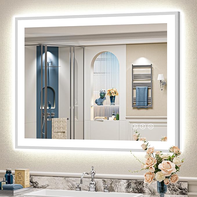 40x32 Brushed Nickel LED Bathroom Mirror with Lights, Sliver Framed Backlit and Front Lit Anti-Fog Lighted Vanity Mirrors for Bathroom Wall, Dimmable, 3 Colors, Memory, Tempered Glass, CRI＞90