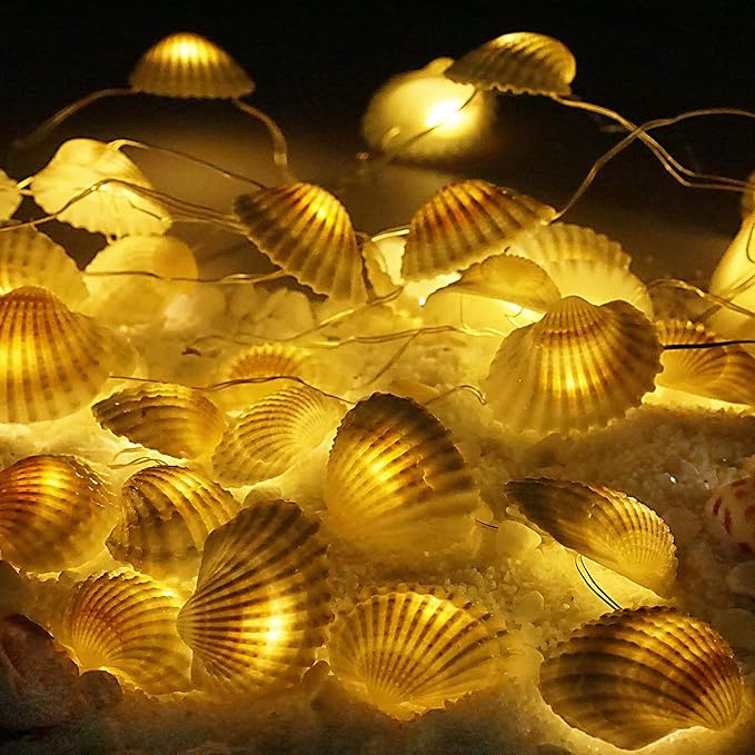 Decorman Natural Seashell String Lights 13.2ft 40 LED 8 Modes Warm White Weatherproof Battery Operated Ocean Theme Lights for Bedrooms Parties Weddings Gardens with Remote and Timer (Natural Shell)