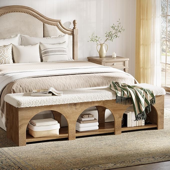 Tribesigns 63" Upholstered Entryway Bench, 2-Tier Entry Shoe Bench with Cushion and Storage Shelf, Farmhouse Padded Bench for Bedroom, Hallway, Foyer, Wood Color