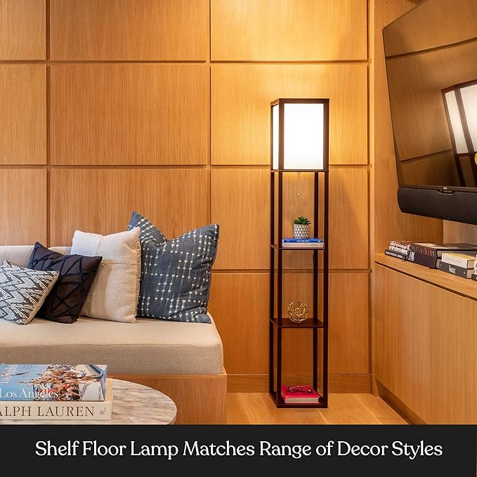 Brightech Maxwell - Modern Shelf Floor Lamp with Lamp Shade & Warm White LED Bulb, Corner Display Floor Lamp with Shelves for Living Room, Bedroom, Nightstand Office, Home Decor Storage - Havana Brown