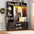 75''H LED Farmhouse Hall Tree with Bench and Shoe,Entryway Bench with Coat Rack,16 Shoe Cubbies & Umbrella Holder and Sock Storage Drawer,Mudroom/Hallway Storages Cabinet(Brown)