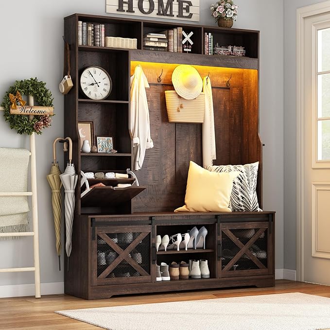 75''H LED Farmhouse Hall Tree with Bench and Shoe,Entryway Bench with Coat Rack,16 Shoe Cubbies & Umbrella Holder and Sock Storage Drawer,Mudroom/Hallway Storages Cabinet(Brown)