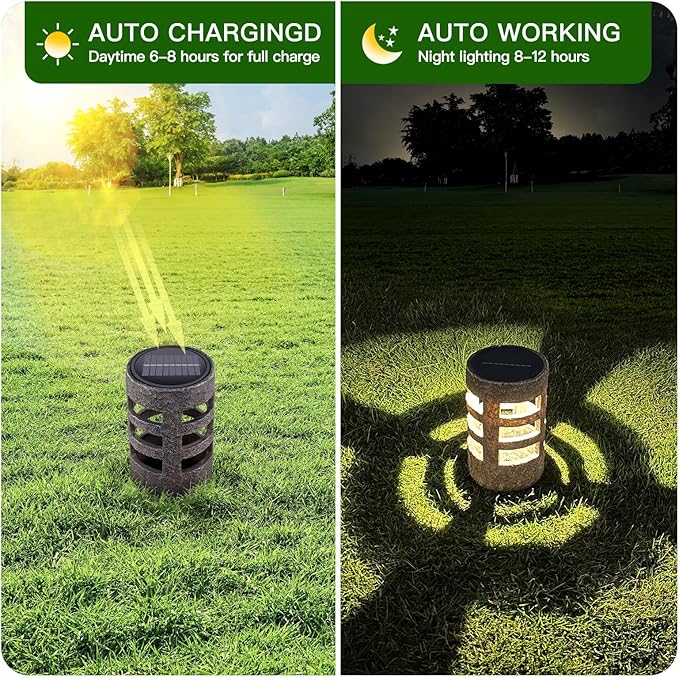 Solar Path Lights Outdoor 2 Pack, Decorative Pattern Lighting, Auto On/Off Dusk to Dawn, Waterproof Solar Landscape Lights, Modern Resin Garden Lights for Yard Patio Walkway (Gray)