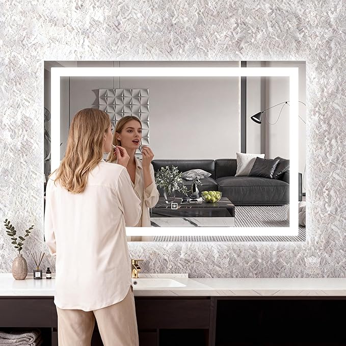 HNV Vanity Mirror with Lights 32"x22" Large Lighted Makeup Mirror, Dimmable 3-Color LED, Touch Screen, Wall-Mount or Tabletop, Ultra-Clear for Bathroom & Bedroom (White)