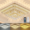 REDSTAR 24" Gold Crystal Ceiling-Light Flush Mount with Remote and APP, 3 Colors Temp & Brightness Adjustable, Modern Crystal Raindrop Chandeliers for Bedroom Hallway Dinning and Living Rooms-Square
