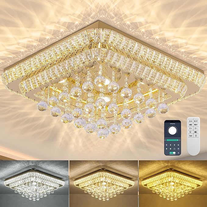 REDSTAR 24" Gold Crystal Ceiling-Light Flush Mount with Remote and APP, 3 Colors Temp & Brightness Adjustable, Modern Crystal Raindrop Chandeliers for Bedroom Hallway Dinning and Living Rooms-Square