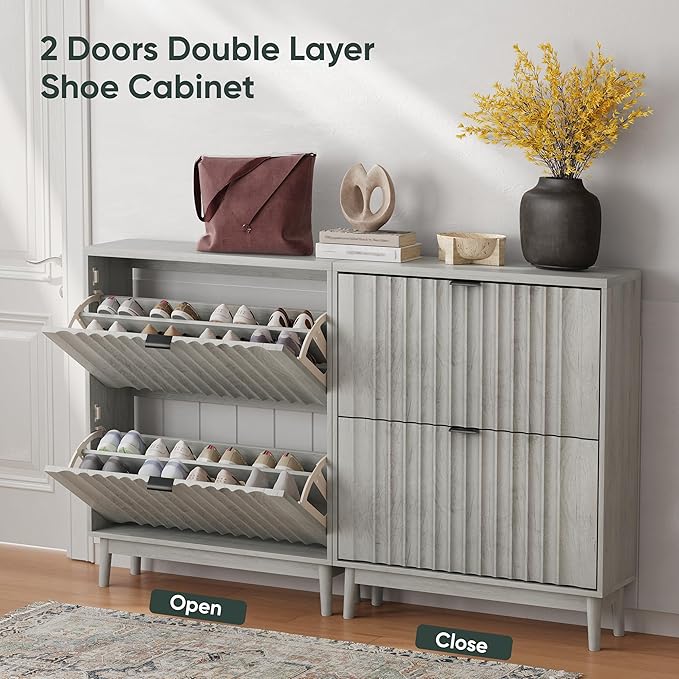 31.5''W Shoe Cabinet for Entryway with 2 Flip Drawers, Narrow Wood Shoe Storage Cabinet with Fluted Panel, Freestanding Hidden Shoe Organizer for Foyer, Hallway, Grey