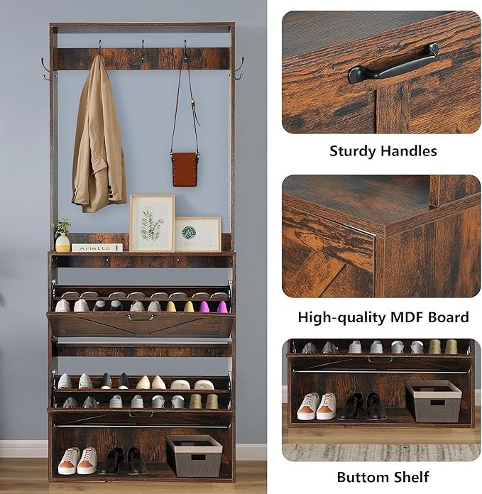 Betoko Hall Tree with Shoes Storage,Farmhouse Corner Coat Rack with 5 Coat Hooks, Wooden Entryway Tree Cabinet with 2 Shoes Cabinets for Hallway Mudroom, Brown