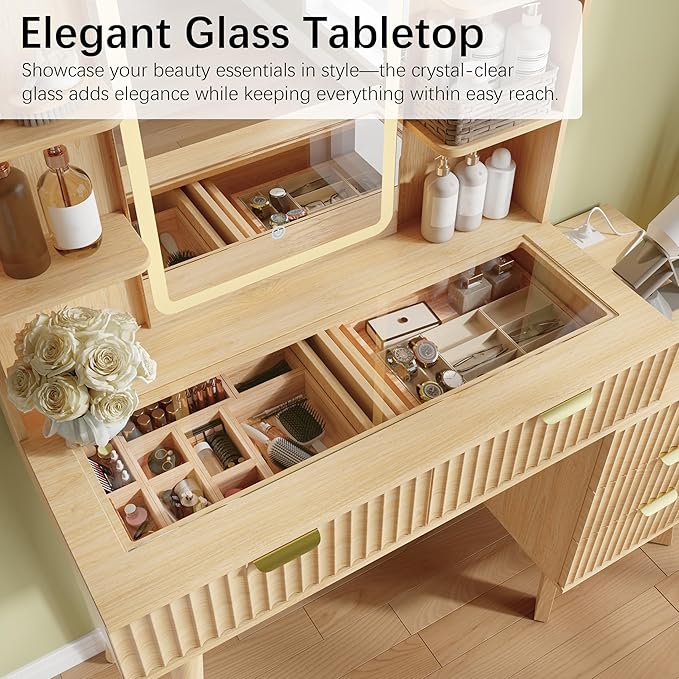 42'' Fluted Makeup Vanity Desk with LED Lights Mirror & Charging Station, Modern Glass Top Vanity Table with 5 Drawers & Open Shelves, Dressing Table for Bedroom, Living Room, Oak