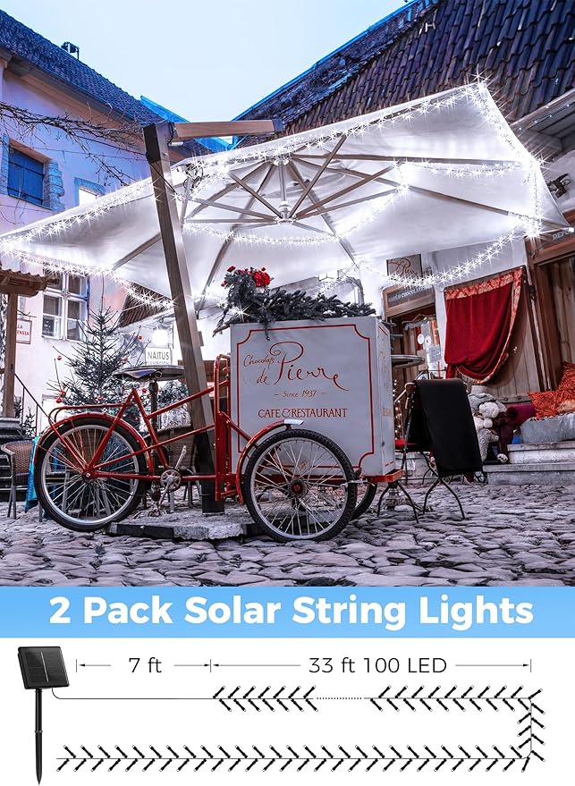 Solar String Lights Outdoor, 2 Pack Total 80 FT 200 LED Solar Powered String Lights with 8 Lighting Modes, Waterproof Patio Lights, Outdoor Solar Lights for Outside Tree Balcony Gazebo, Pure White
