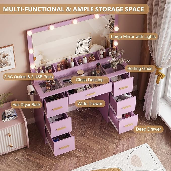 44" Vanity Desk with Mirror and Lights, Glass Top Makeup Vanity with RGB Ambient Lights & 7 Drawers, Large Dressing Table with Power Outlet for Bedroom, Purple