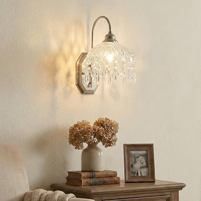 2-Pack Vintage Wall Sconce, Glass Crystal, Matte Brushed Antique Black Finish, for Bedroom Bathroom Hallway Living Room