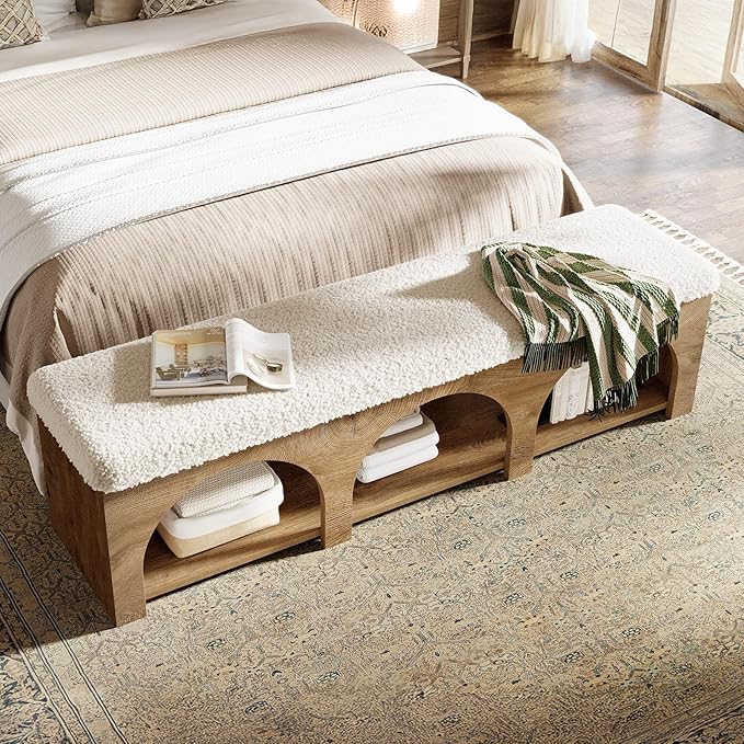 Tribesigns 63" Upholstered Entryway Bench, 2-Tier Entry Shoe Bench with Cushion and Storage Shelf, Farmhouse Padded Bench for Bedroom, Hallway, Foyer, Wood Color