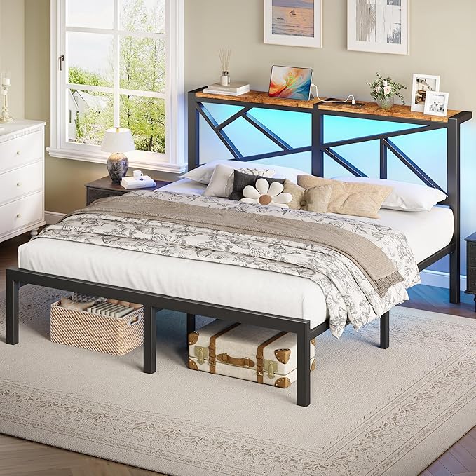 King Size Black Metal Bed Frame with USB Charging Station, LED Ambient Lighting, and Wooden Storage Headboard - Includes Under-Bed Storage, No Box Spring Needed, Noise Free, Easy Assembly