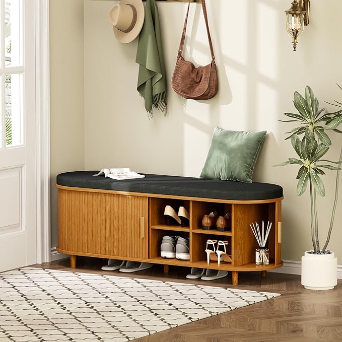 Entryway Bench with Storage: 51.2" Wooden Bedroom Shoe Bench with Thickened Padded Seat Cushion, Mid Century Modern Fluted Sliding Door and Adjustable Shelf, for Entryway, Living Room