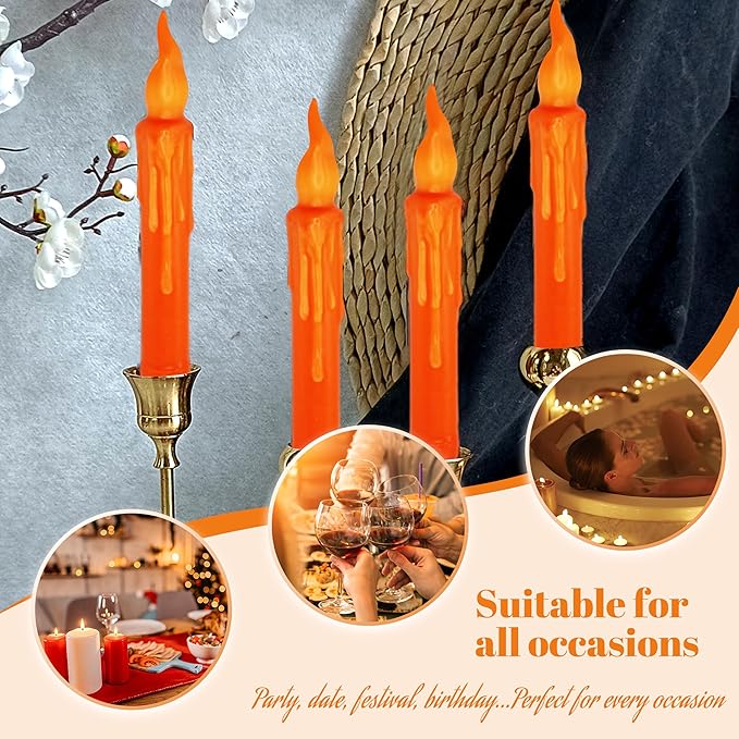 Orange Flameless Short Taper Candles, Real Wax Hand Dipped LED Battery Operated with Remote, Flickering Flame Lights for Festival Party Home Décor, 6.7 Inch Primitive Flameless Candles, 2PCS