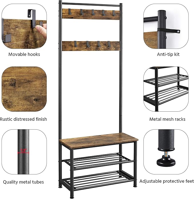 Yaheetech Coat Rack, 3-in-1 Hall Tree with Bench and Shoe Storage, Freestanding Entryway Bench with Coat Rack, Industrial Entryway Shoe Storage with 9 Hooks and 3 Shelves, Easy Assembly, Rustic Brown