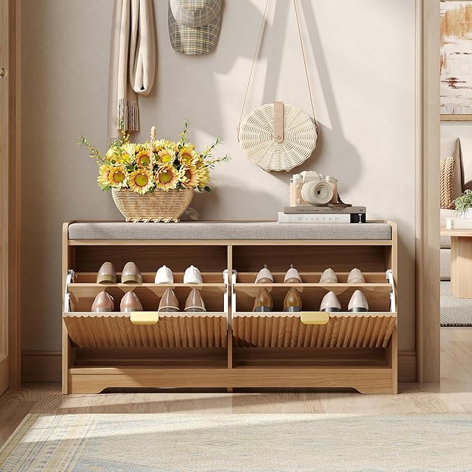 Maupvit 39.4" Fluted Shoe Bench with Storage, Narrow Entryway Bench with Removable Seat Cushion & 2 Flip-Drawers, Shoe Cabinet Bench, Boho Hidden Shoe Rack for Entrance, Hallway, Living Room (Natural)