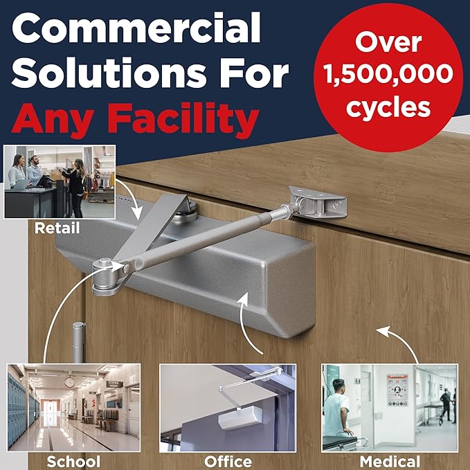 Heavy Duty Commercial Door Closer, ADA UL Grade 1-6 Listed Automatic Self Closing Door Hinges, Door Closers Commercial High Traffic, Auto Door Closer, Hydraulic Spring Soft Close (Silver)