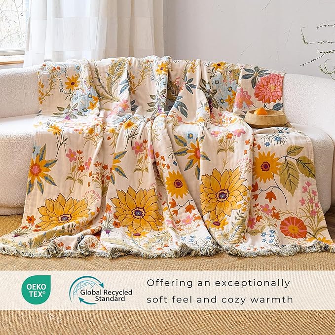 Boho Throw Blanket for Home Decor,Ultra Soft Throw Rustic Classic Quilt,100% Cotton Muslin Blankets for Adults, Reversible Woven Decorative Blanket for Bed Layering Use, Colorful Floral, 50"x60"