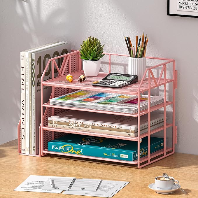 Pink Desk Organizers and Accessories with File Holder – Aesthetic Desk Accessories for Teen Girls – Decorative Office Desk Set with Magazine Rack – Room Desk Accessories for Women Office Setup