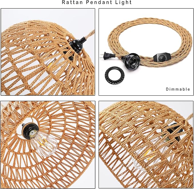 Plug in Pendant Light Rattan Hanging Lights with Plug in Cord Wicker Hanging Lamp with Woven Bamboo Basket Lamp Shade,Dimmable Switch,Boho Ceiling Light Fixtures for Kitchen,Farmhouse,Bedroom
