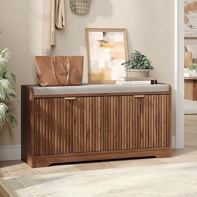 Maupvit Fluted Shoe Bench with 2 Flip-Drawers, 39.4" Narrow Entryway Bench with Shoe Storage and Seat Cushion, Adjustable Shelf, Walnut Hidden Shoe Rack Bench for Front Door Entrance, Hallway