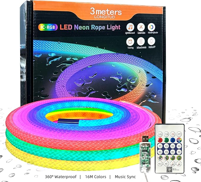 9.84ft LED Neon Rope Lights, Waterproof Music Sync Strip Lights with Remote & APP Control, USB-Powered Flexible Lighting for Christmas Halloween Decor, Gaming Room Bedroom Indoor Outdoor Decoration