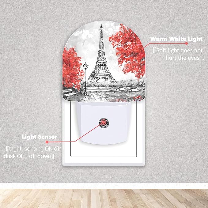 Eiffel Tower Paris Red Flower Night Lights Plug into Wall for Girls Boys Room,Night Light LED Lamp Dusk to Dawn Sensor Round Lamp for Bedroom Bathroom Hallway Home Wall Decor