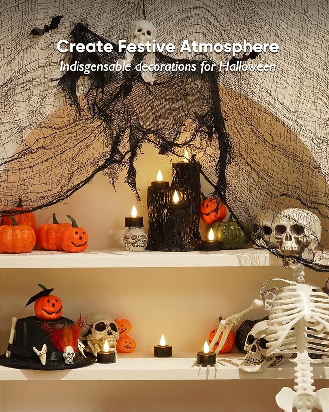 Amagic Flameless Black Timer Remote Tealights Candles, 3D Black Wick Flickering Tea Lights, 300+Hour Colored Votive Candles Battery Operated, Set of 12 for Table Decorations, Pumpkin, Halloween, Party