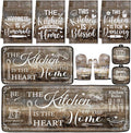 Fourluoo 10 Pcs Farmhouse Kitchen Decor and Accessories Set 4 Kitchen Towels 2 Pot Holders 2 Oven Mitts 2 Rugs for Cooking Baking Mom Housewarming Gifts(Brown Gray,Classic Style)