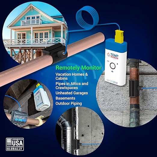 TempTouch WiFi Clamp Temperature and Humidity Sensor, Smart Thermometer for Plumbing and HVAC, App-Controlled Wireless with Velcro Strap