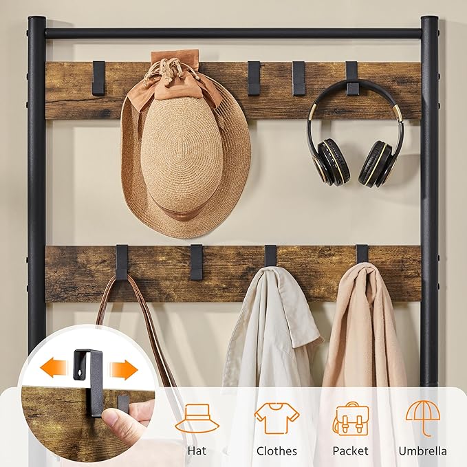 Yaheetech Coat Rack, 3-in-1 Hall Tree with Bench and Shoe Storage, Freestanding Entryway Bench with Coat Rack, Industrial Entryway Shoe Storage with 9 Hooks and 3 Shelves, Easy Assembly, Rustic Brown