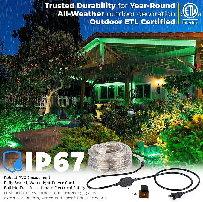 WYZworks 288LEDs 25ft LED Outside Rope Lights, Outdoor ETL Certified Waterproof Permanent 360 Degree Light Emitting, Flexible Tube, Connectable, Christmas Palm Tree Exterior Landscape, Green